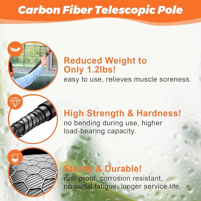 Window Squeegee with Carbon Fiber Extension Pole for Home 3.5 to 12Ft Window Cleaning Kit Tool Outdoor Lightweight Professional Window Washing Kit with Rotatable Head &amp 2 Scrubbers 2 in 1