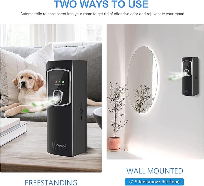 SVAVO Automatic Air Freshener Dispenser - Wall Mounted/Free Standing Auto Aerosol Spray Dispenser Programmable Fragrance Dispenser for Indoor-Bedroom Hotel Office Commercial Place Black