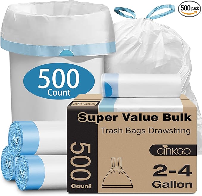 Small Trash Bags 2-4 Gallon 500 Count Super Value Bulk Drawstring Garbage Bags Mini Plastic Trash Bags for Bathroom Office Bedroom Wastebasket Trash Can Liners