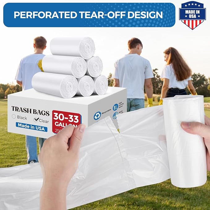 Fuxury 30-33 Gallon Trash Bags Medium Duty 250 Count Garbage Bags 32 x 38 Extra Large Clear Trash Bags 0.6 Mil Plastic Bags for Serious Garbage Cleanup Made in USA