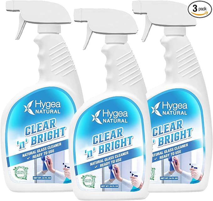 Hygea Natural Clear 'n' Bright - Non-Toxic Glass Cleaner Spray - Streak-Free &amp Ammonia-Free Window Cleaning - Window &amp Mirror Cleaning Supplies - Safe &amp Fast (3 Pack 24oz Spray)