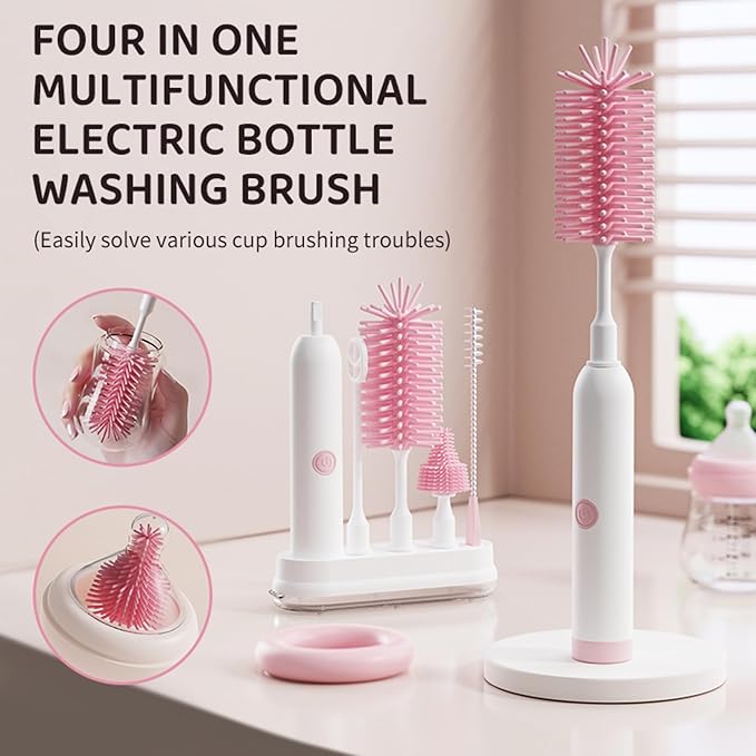Rechargeable Electric Bottle Brush with Stand - 360° Spin Silicone Cleaner for Baby Bottles Breast Pumps &amp Small Household Containers (Pink)