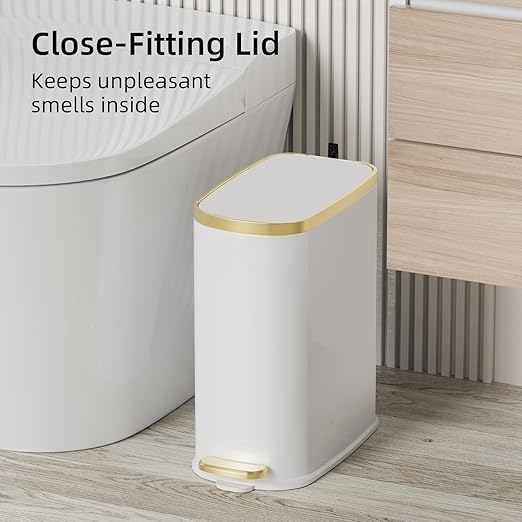 KUK Small Bathroom Trash Can with Lid Soft Close Step Pedal 2.6 Gal Stainless Steel Garbage Can with Removable Inner Bucket Anti-Fingerprint Wastebasket for Office Bedroom Toilet (White)