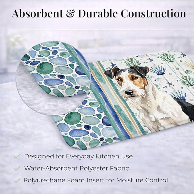 Caroline's Treasures Smooth Fox Terrier Coastal Sea Glass Dish Drying Mat Absorbent Dish Drying Mat Pad for Kitchen Counter Dish Drainer Mat for Countertop 14 x 21 Multicolor