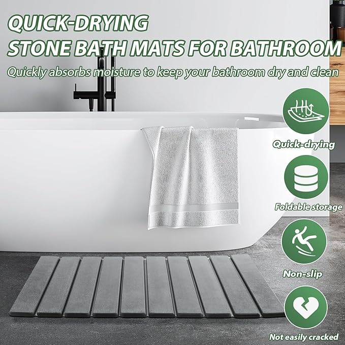 2 Pcs Stone Bath Mat Multipurpose Foldable Stone Bathmat 23x15 Inch Water Absorbing Drying Mat for Kitchen Counter Bathroom Self Drying Bath Mats Gray Quick Dry Bathmat for Bathroom Dish Palnt Dry