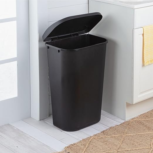 Sterilite 11.3 Gallon D Shape Flat Side Lift Top Lid Wastebasket Trash Can for Kitchen Home Office and Garage or Workspace Black (12 Pack)