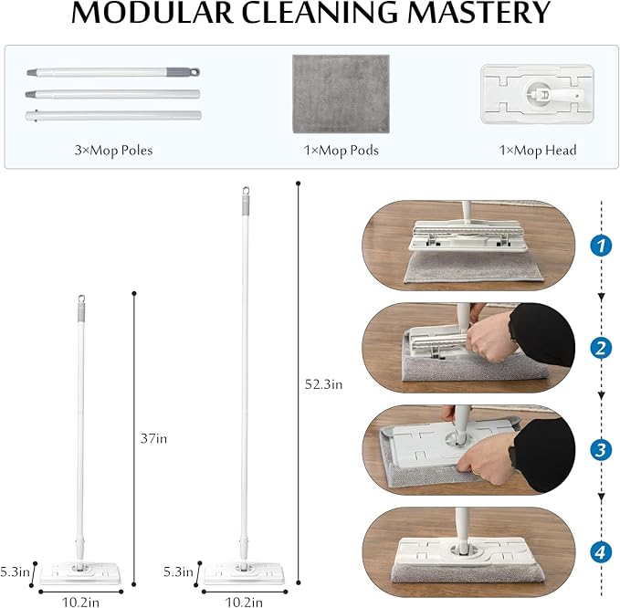 Flat Mop Microfiber Mop with 55’’ Long Handle Mops for Floor Cleaning with Flexible 12 ‘’ Flat Head Household Wet &amp Dry Mops for Wall Floor