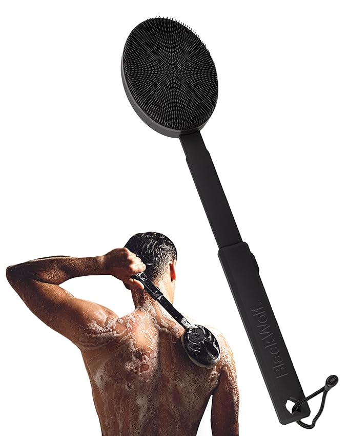 Black Wolf Silicone Body Scrubber &amp Exfoliator - Vibrating Loofah Shower Scrubber Brush with Handle Extension for Back - Deep Cleaning &amp Exfoliating Body Scrub - Bath Hygiene Essentials - Men