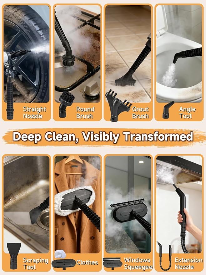 Killrose Handheld Steam Cleaner Pressurized Steam Cleaner with 10–15s Fast Heat Dual Power Modes &amp Self-Clean Multi-Surface Steamer with 12 Accessories for Kitchen Bathroom Car