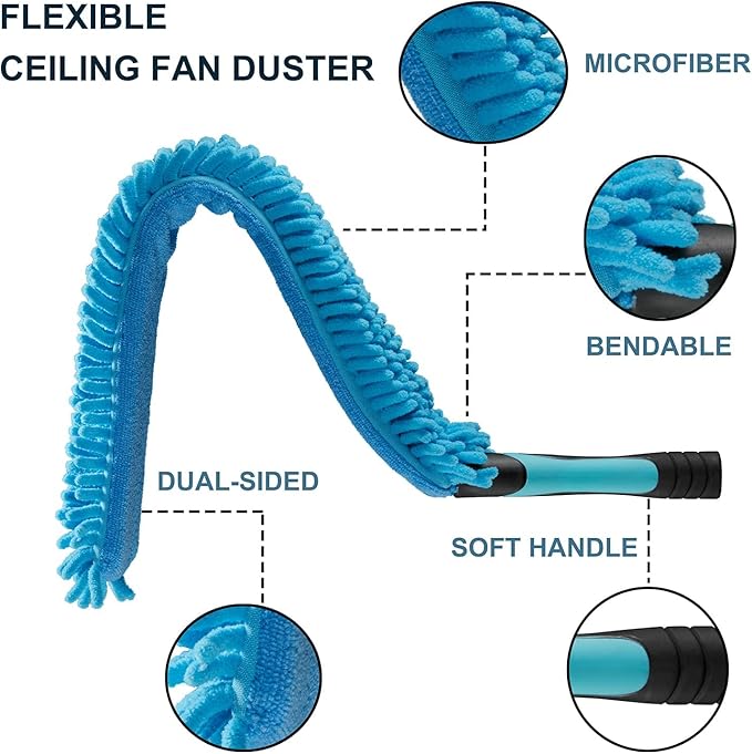 20 Foot High Ceiling Fan Duster with 5-12ft Extension Pole Extendable Reusable Cobweb Feather Window Cleaning Squeegee Kit