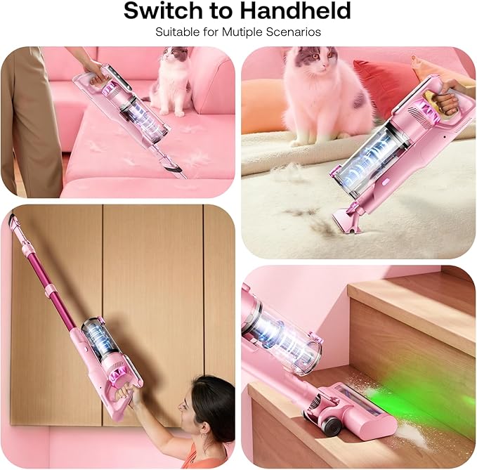 Trucozie Cordless Vacuum Cleaner Self-Standing Lightweight Stick Vacuum with 50 mins Runtime Powerful Suction Anti-Tangle Wireless Vacuum for Home Hardwood Floor Carpet Pet Hair Pink