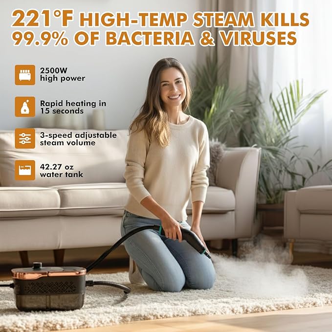 Steam Cleaner15s Heat-Up 42.27oz Tank2500W Pressurized Handheld Steam Cleaner for HomePortable Steamer for Cleaning with 15 pcs AccessoriesGreaseGroutFurnitureBed BugsFloorCouch and Car