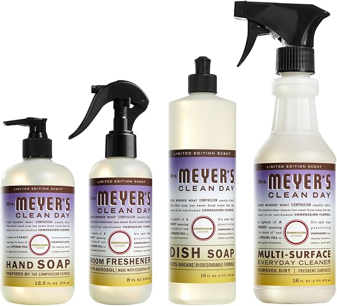 Mrs. MEYER'S CLEAN DAY Compassion Flower 4 Pack Variety Liquid Hand Soap 12.5 OZ Liquid Dish Soap 16 OZ Multi-Surface Everyday Cleaner 16 OZ Room Freshener 8 OZ 1 CT