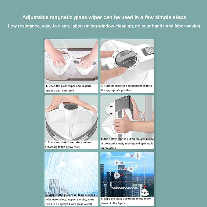 Window Cleaner Wipers Double-Sided Magnetic Window Cleaner Glass Adjustable Magnet Force Cleaning Brush Glass Wiper Household Cleaning Tools with Anti-Falling Rope for High-Rise Glazed Windows