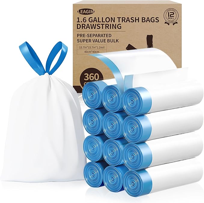 Small Trash Bags 1.6 Gallon 360 Count -1.2 Mil Drawstring Mini Garbage Bags White Plastic Trash Can Liners for Bathroom Accessories 6 Liter Bedroom Dorm Room Essentials Office