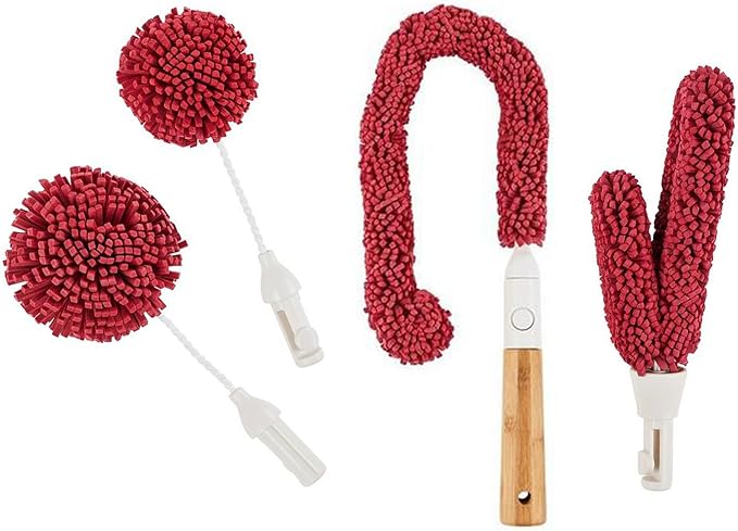 Wine Enthusiast Interchangeable Glassware Cleaning Brush Set – 5-Piece Bamboo Handle with Specialized Brush Heads for Wine Glasses Decanters and Barware Cleaning
