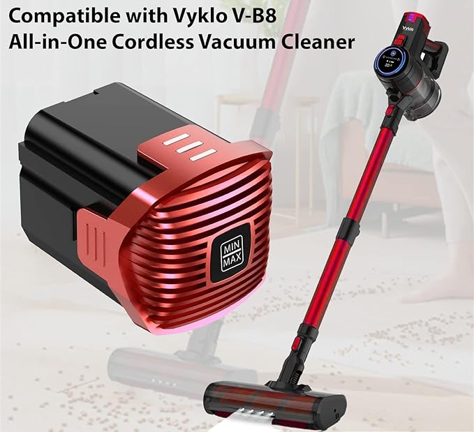 V-R8 Vacuum Replacement Rechargeable Battery 2500mAh 22.2V 55.5Wh Lithium Ion Cordless Vacuum Cleaner Lightweight Stick Up to 50 Min Runtime Red (NOT for V-S12)