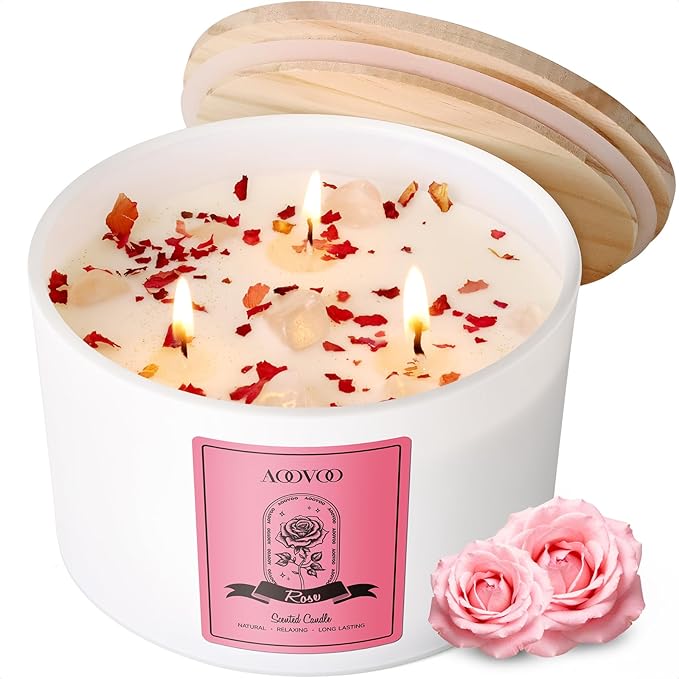 AOOVOO Rose Scented Candles for Women - 20oz 3 Wick Soy Candles for Home Scented Aromatherapy Candle with Crystals Inside Birthday Gifts Valentines Day Candle for Women Mom