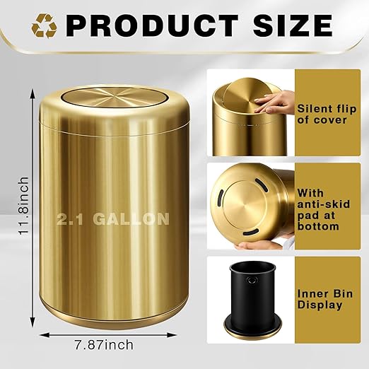 Maxdot 8 L/ 2.1 Gallon Gold Bathroom Trash Can with Flipping Lid Small Stainless Steel Garbage Bin Bathroom Trash Can Bin for Office Living Room Kitchen Bedroom Hotel