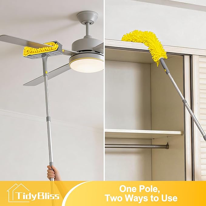 77” Ceiling Fan Blades Cleaner Duster with Extension Pole Extendable Flexible Dust Cleaning Brush Reusable Chenille Mop for Baseboard Wall Floor Blinds Cobweb