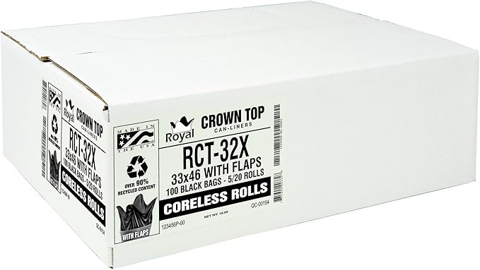 Aluf Plastics Star Sealed Coreless Rolls with E-Z Tie Flap Closure 40-45 gal Polyethylene 33 x 46 Black (Pack of 100)