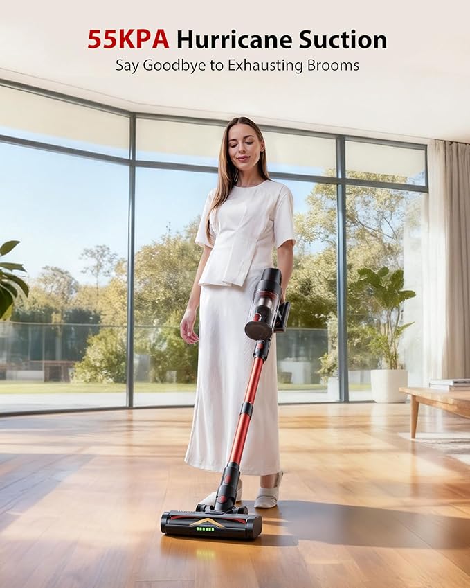 Cordless Vacuum Cleaner 75Mins/55KPa/650W Self-Standing Stick Vacuum Cleaners for Home Rechargeable Lightweight Anti-Static&ampAnti-Tangle Brush for Hard Floor Carpet Hardwoods Pet Hair