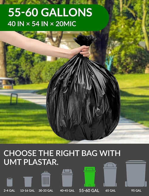 150 Count Heavy Duty Black Trash Bags 55-60 Gallon 40 x 54 Inch Large Garbage Bags 20 Micron Thick Strong Leak-Resistant Bags for Home Yard Outdoor Cleanup