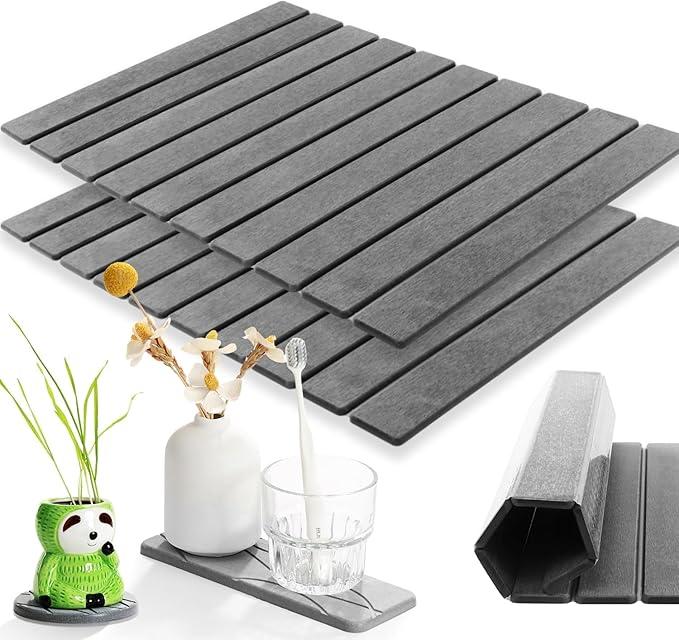 2 Pcs Stone Bath Mat Multipurpose Foldable Stone Bathmat 23x15 Inch Water Absorbing Drying Mat for Kitchen Counter Bathroom Self Drying Bath Mats Gray Quick Dry Bathmat for Bathroom Dish Palnt Dry