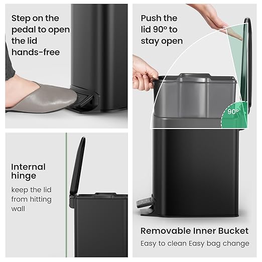 Cesun Small Bathroom Trash Can with Lid Soft Close Step Pedal 6 Liter / 1.6 Gallon Stainless Steel Garbage Can with Removable Inner Bucket Anti-Fingerprint Finish (Matt Black)
