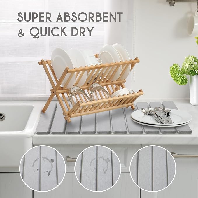 BoxedHome Large Stone Dish Drying Mat for Kitchen Counter Foldable Diatomaceous Earth Water Absorbing Mat Bottles Cups 24(L)×16(W) Light Gray