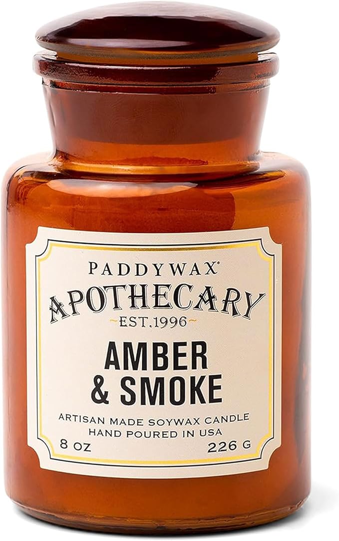 Paddywax Artisan Apothecary Scented Candle with Lid in Reusable Glass Jar Clean-Burn Soy Candle with Approx. 54 Hour Burn Time Amber &amp Smoke 8 oz.