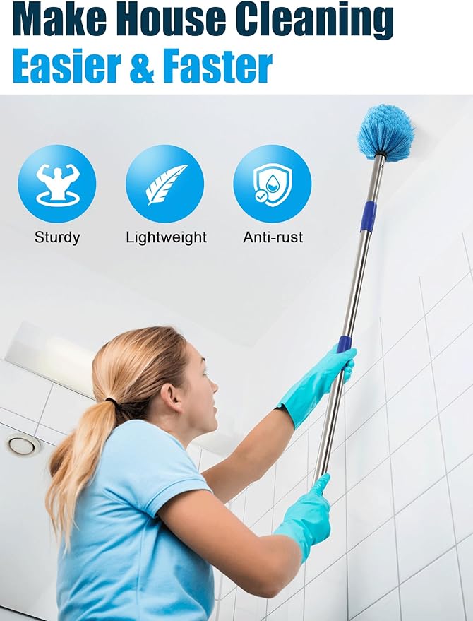 Cobweb Duster with Extension Pole 8 ft Spider Web Brush for Outdoor House Cleaning Cob Web Remover for High Ceilings Fans Medium-Stiff Bristles Round Head Steel Long Handle Lightweight Cleaner