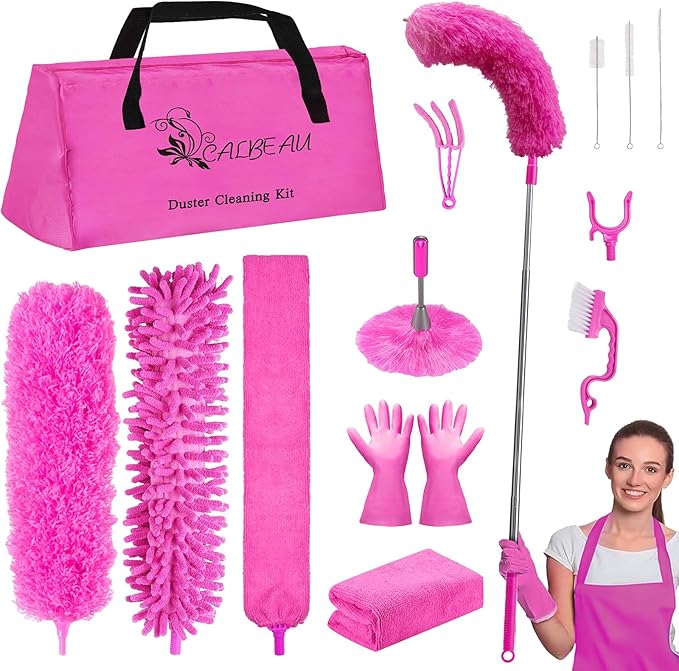 Microfiber Dusters for Cleaning Feather Dusters with Extension Pole Bendable &amp Washable Dusters for High Ceiling Fan Blinds Cars Furniture Cleaning Tools Kit Pink Gift for Women (15 PCS)