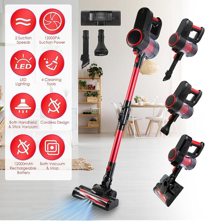 Cordless Vacuum Cleaner 12Kpa Stick Vacuum Cleaners Cordless with LED Floor Lights Powerful Suction Lightweight Handheld Vacuum Cleaners for Carpet Hard Floor Pet Hair