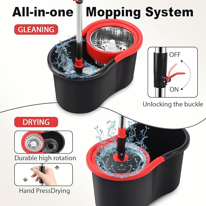 Spin Mop and Bucket Mop and Bucket with Wringer Set for Home 360 Spinning Mop Bucket Floor Cleaning Tool with 1 Microfiber Mop Replacement Head50 Stainless Steel Handle (Black-Includes 1 mop)