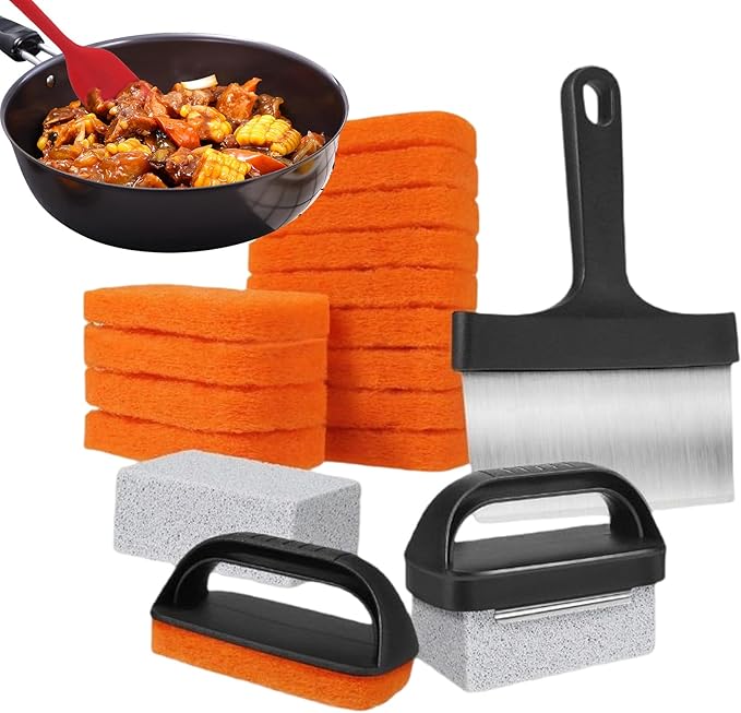 Griddle Cleaning Kit - Multifunctional Grill Cleaning Kit Griddle Scraper Stain Remover Tool | Flat Top Grill Cleaner Scraper for Restaurant Camping BBQ Dorm Picnic Hotel Apartment Party