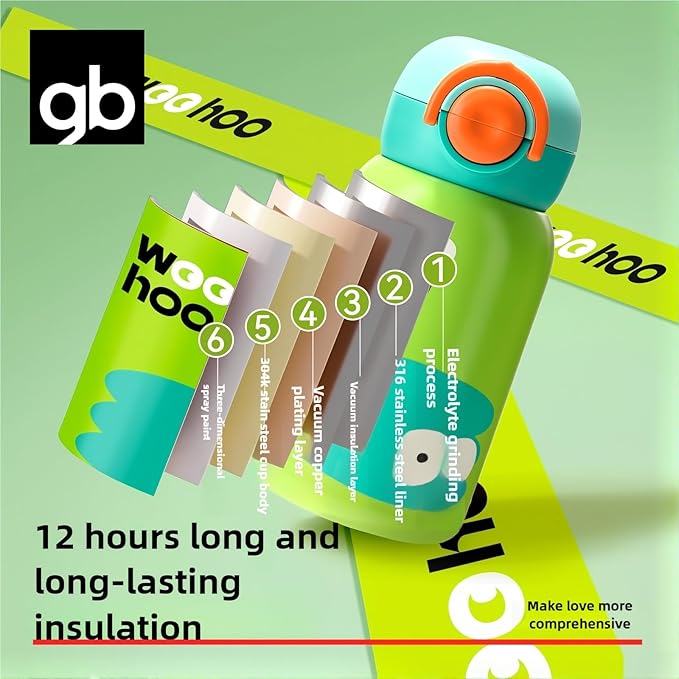gb Insulated Water Bottle for Kids with Straw Direct Drink Spout BPA-Free SUS316 Stainless Steel 12-Hour Temperature Retention Leak-Proof Adjustable Oxford Strap Green
