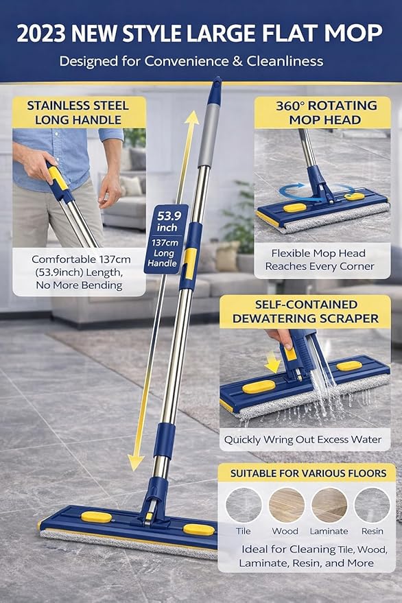 Microfiber Flat Mop for Floor Cleaning Reusable Wet &amp Dry Floor Mop with Adjustable Handle Dust Mop for Hardwood Tile &amp Vinyl Floors (4)