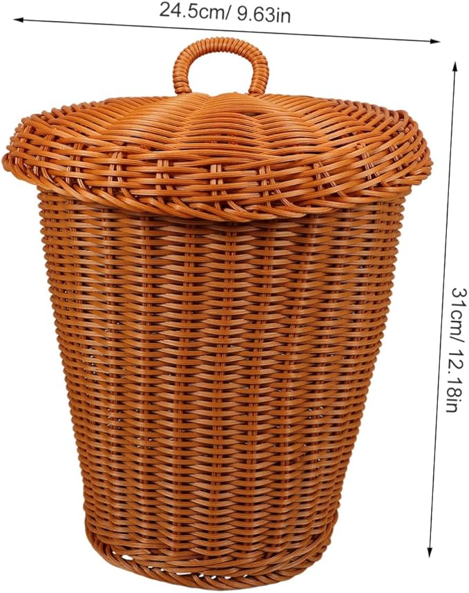 Imitation Rattan Woven Trash Can with Lid Lightweight Rustic Storage Basket for Living Room Bedroom Office and Portable Wastebasket for Sundries Organization