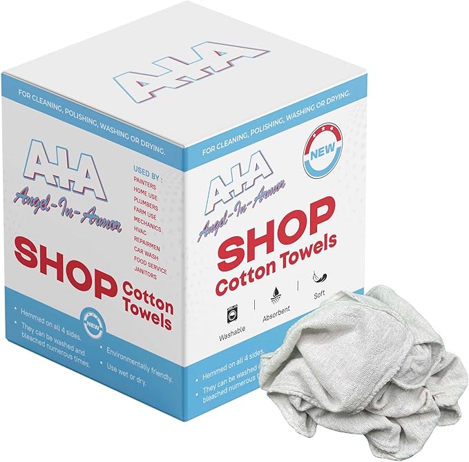 Angel-in-Armor Shop Towels (14”x14”) – 500 Unit Box of Lint-Free Cotton Shop Towel Cleaning Rags – Durable Shop Rags for Auto Garage Industrial and Commercial Use