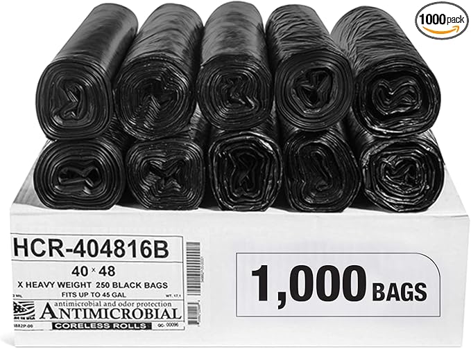 Aluf Plastics High Density Trash Bags 45 Gallon 1000 Count 16 Micron (eq) 40 x 48 Black for Bathroom Office Industrial Commercial Janitorial Municipal Recycling