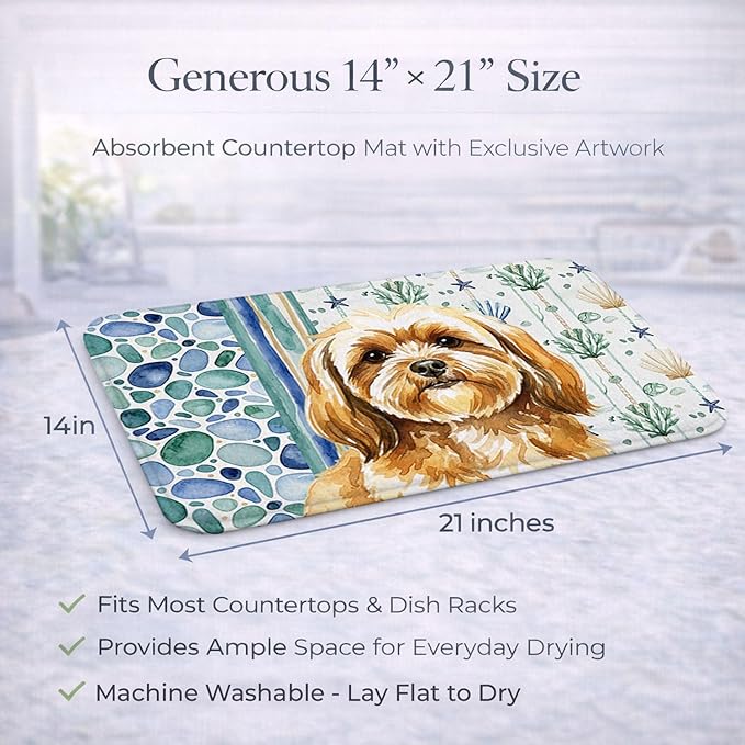 Caroline's Treasures Gold Lhasa Apso Coastal Sea Glass Dish Drying Mat Absorbent Dish Drying Mat Pad for Kitchen Counter Dish Drainer Mat for Countertop 14 x 21 Multicolor