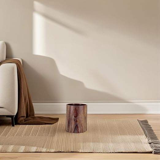 Retro Wood Grain Trash Can Round Wastebasket for Office Home Vintage Design Easy Disposal No Lid Easy to Clean