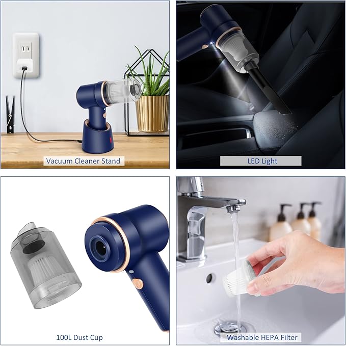 8Kpa Mini Handheld Vacuum Cleaner 120W High Power Cordless Keyboard Vacuum 2-in-1 Desk Vacuum &amp Air Duster with LED Light &amp Multi-Nozzles for Car Computer Sewing Machine