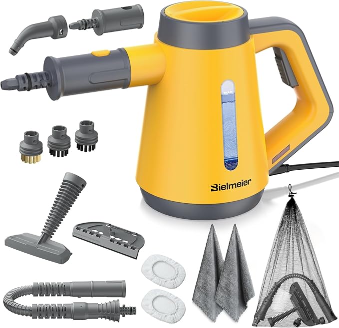 Bielmeier Handheld Pressurized Steam Cleaner - 15s Quick Start Multi-Functional for Home Kitchen Bathroom 8 Attachments Chemical-Free Safe &amp Efficient Cleaning Solution Yellow &amp Grey