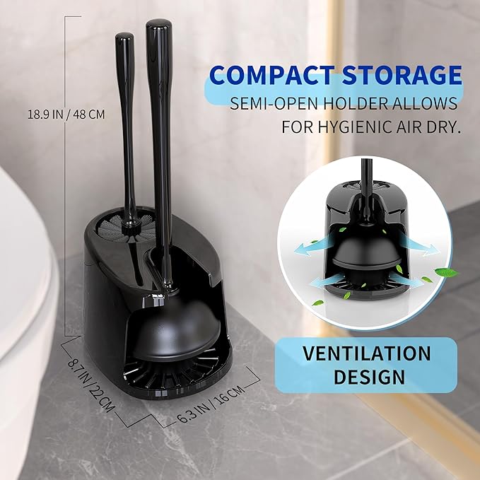 MR.SIGA Toilet Plunger and Bowl Brush with Holder Heavy Duty Toilet Brush and Plunger Set for Bathroom Cleaning Black 1 Set