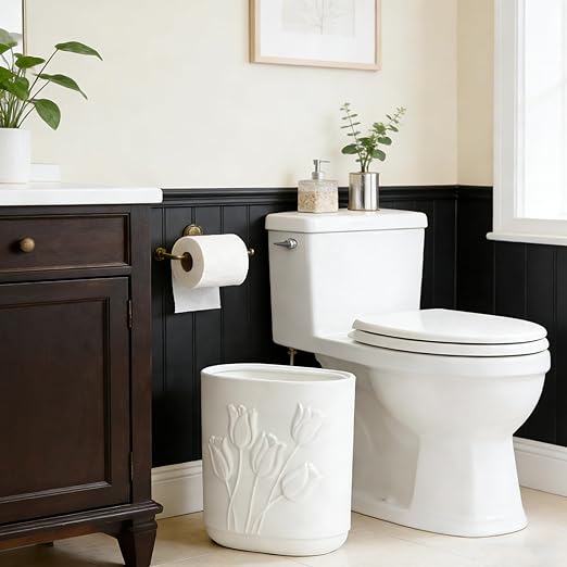 White Ceramic Tulips Small Bathroom Trash Can 2.6 Gal (10 Liter) - Heavy &amp Decorative Garbage Bin for Bathroom Kitchen Office Bedroom &amp Living Room Corner