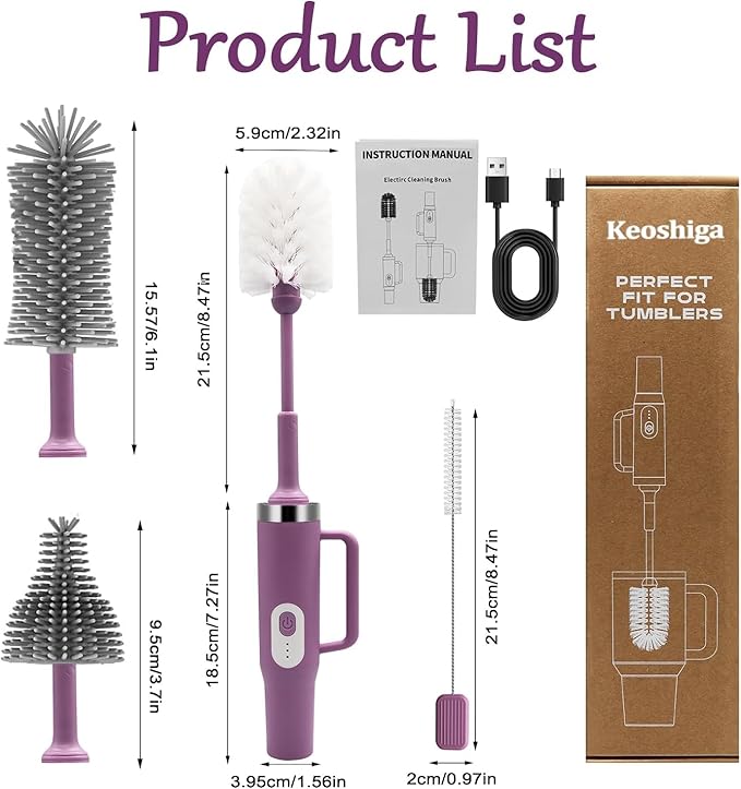5 in 1 Electric Bottle Brush Cleaner Compatible Stanley Bottle Brush Straw Cleaner Multifunction Rechargeable IPX6 Waterproof Extra Long Design for Stanley Cup Sports Bottle and More (Purple-1)