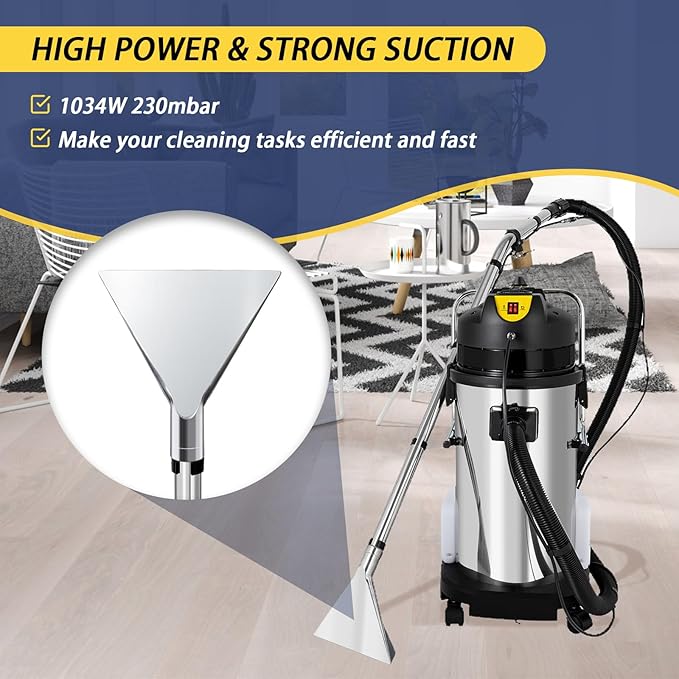 /40L/60L/15.85gal Commercial Carpet Cleaner Machine - 3in1 Wet Dry Upholstery Cleaner with Long Vacuum Head and Round Brush for Carpet Sofa Curtain