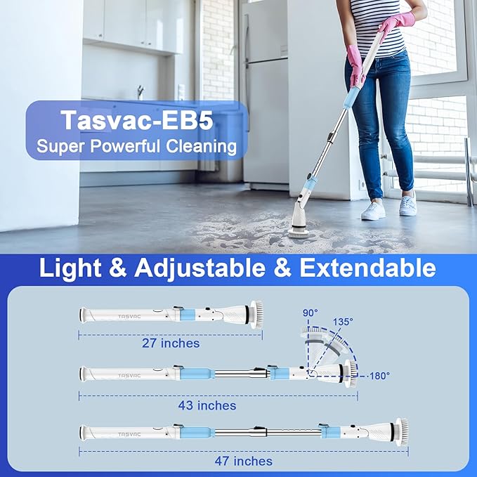 Electric Spin Scrubber with 5 Brush Heads Cordless Cleaning Brush 450 RPM Motor 27-47 inch Adjustable Handle Power Scrubber for Bathroom Tile Floor